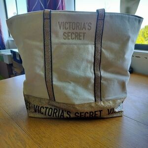 Victoria's Secret Large Zip Double Handle Tote Bag Ivory Gold Glitter Black EUC